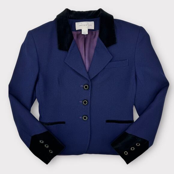 Vintage Jones NY Womens Sz S Indigo Navy Wool Blazer Equestrian Velvet 90s Prep - Picture 1 of 16